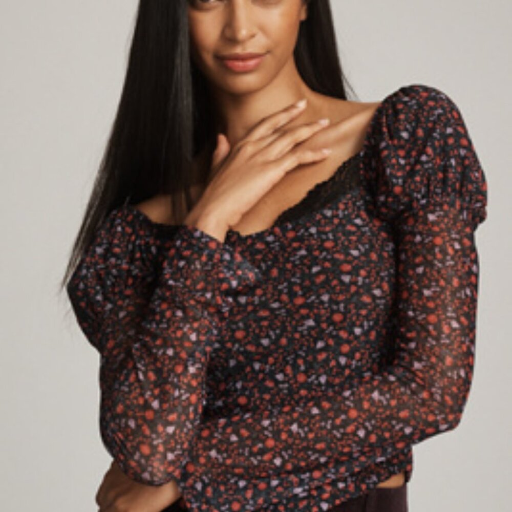 Maeve Mutton-Sleeve Scoop-Neck Ditsy Floral Top